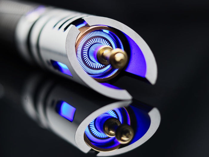 internal workings of a replica lightsaber blade with blue light