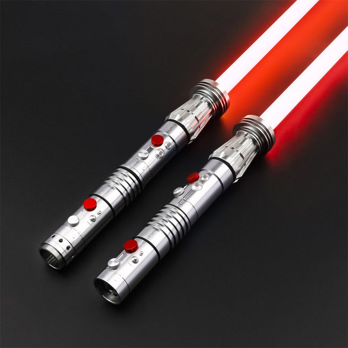 two matching red lightsabers with silver hilts