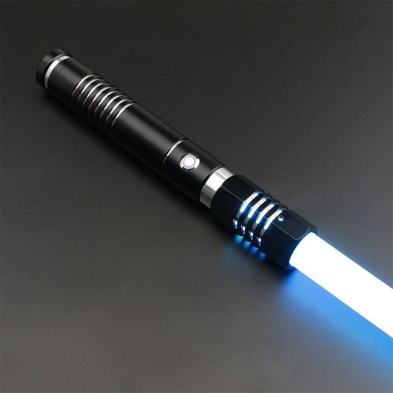 sleek black and silver hilted lightsaber with a blue blade