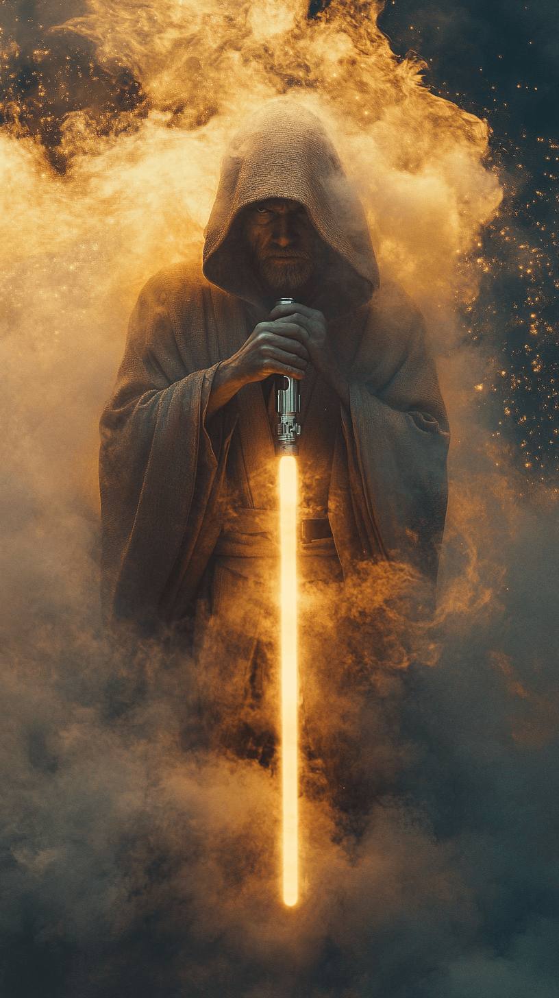 hooded jedi holding orange lightsaber in smoke cloud