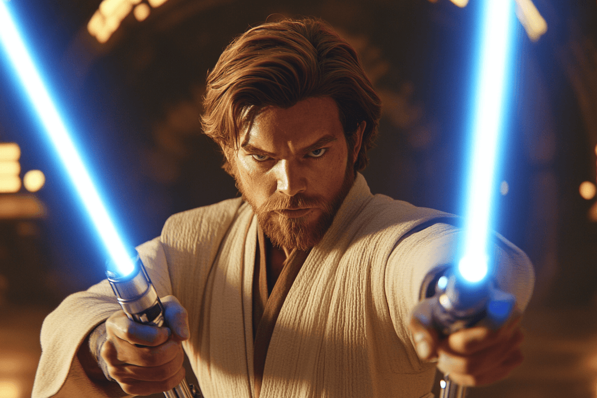 Obi-Wan Kenobi holding two blue lightsabers